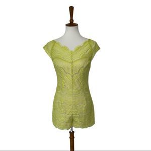 Ark & Co. yellow green chartreuse lace crochet nude lined romper playsuit medium